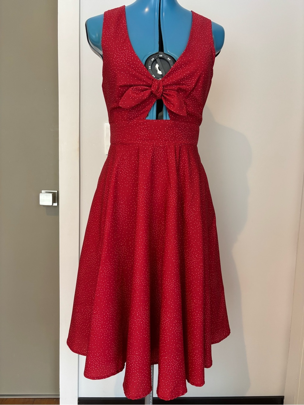 Hutch Reese Red Polka Dot Tie Front Cutout Fit Flare Midi Dress S